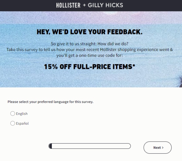 www.tellhco.com - Hollister Survey - Win $10 Off